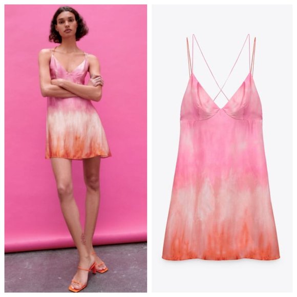 Zara Dresses & Skirts - Zara Satin Tie Dye Pink & Orange Strappy Slip Dress